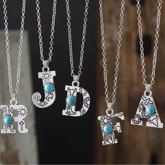 Western Silver and Turquoise Initial Pendant Necklace Cowgirl Necklace - Picture 2 of 4